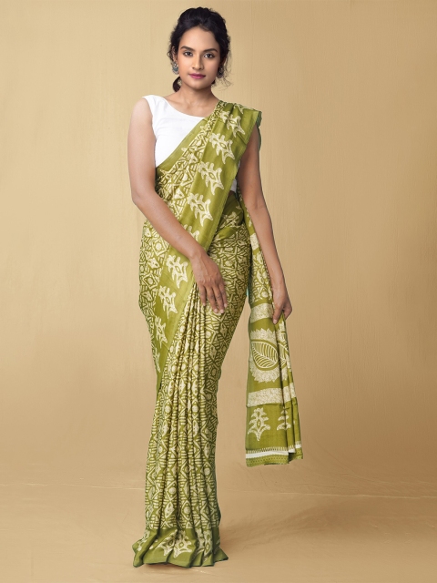 

Unnati Silks Green & White Ethnic Motifs Art Silk Block Print Saree
