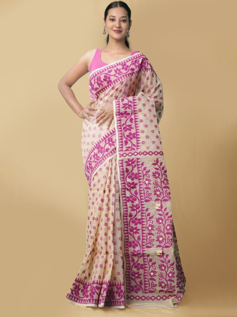 

Unnati Silks Brown & Magenta Woven Design Zari Pure Cotton Taant Saree