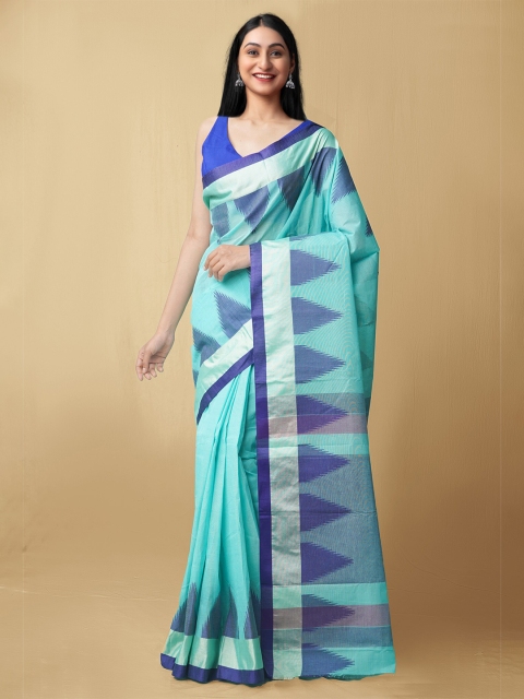 

Unnati Silks Women Green & Blue Pure Handloom Dhaka Jamdhani Bengal Tant Cotton Sustainable Saree