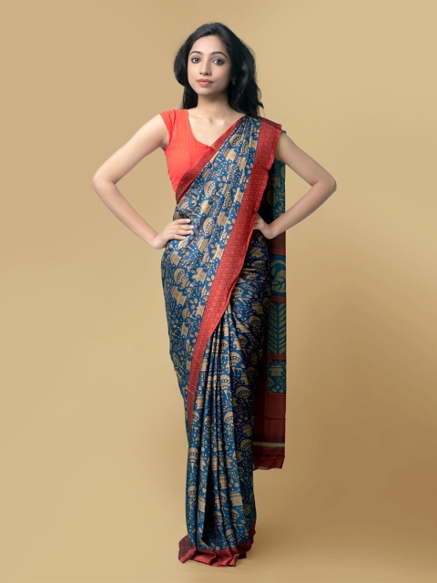 

Unnati Silks Blue & Maroon Ethnic Motifs Block Print Saree