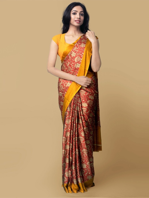 

Unnati Silks Red & Mustard Yellow Floral Printed Block Print Saree