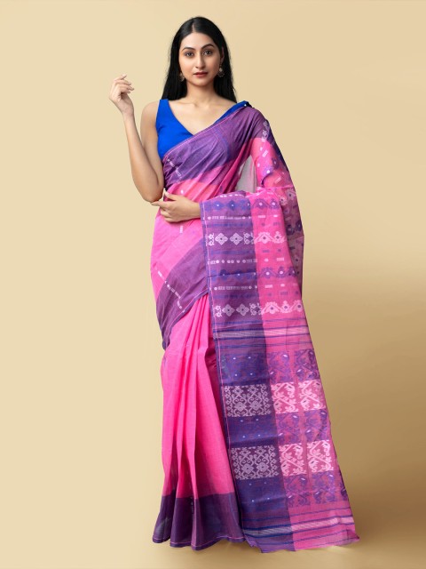 

Unnati Silks Pink & Purple Ethnic Motifs Pure Cotton Taant Saree