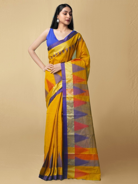 

Unnati Silks Yellow & Blue Woven Design Zari Pure Cotton Taant Saree
