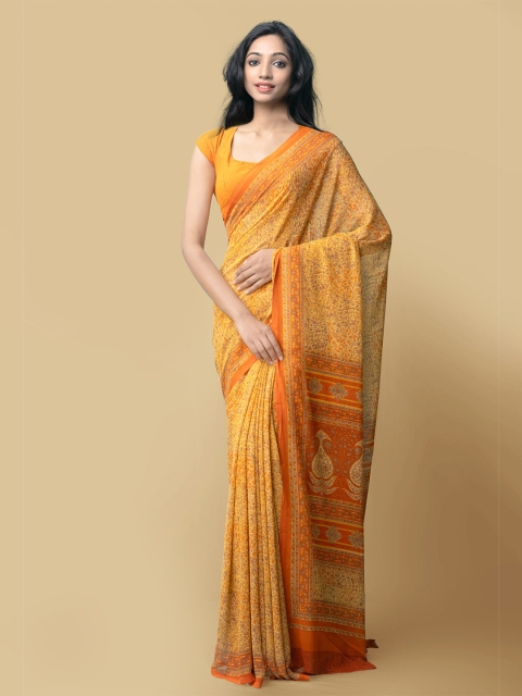

Unnati Silks Yellow & Red Floral Block Print Saree