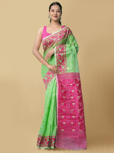 

Unnati Silks Women Green & Pink Pure Handloom Dhaka Jamdhani Bengal Tant Cotton Sustainable Saree