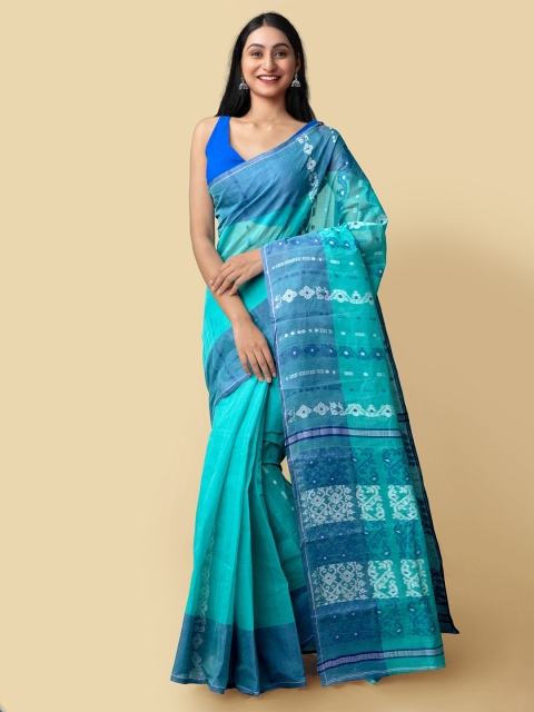 

Unnati Silks Women Green & Blue Pure Handloom Dhaka Jamdhani Bengal Tant Cotton Sustainable Saree