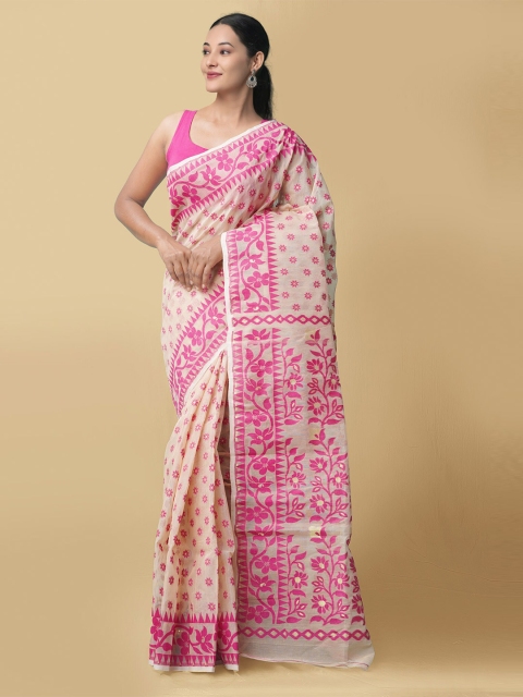 

Unnati Silks Brown & Pink Floral Pure Cotton Taant Saree