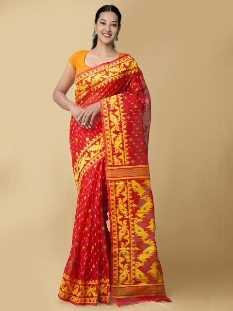 

Unnati Silks Women Red & Yellow Pure Handloom Dhaka Jamdhani Bengal Tant Cotton Sustainable Saree
