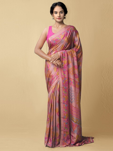 

Unnati Silks Pink & Yellow Ethnic Motifs Art Silk Block Print Saree