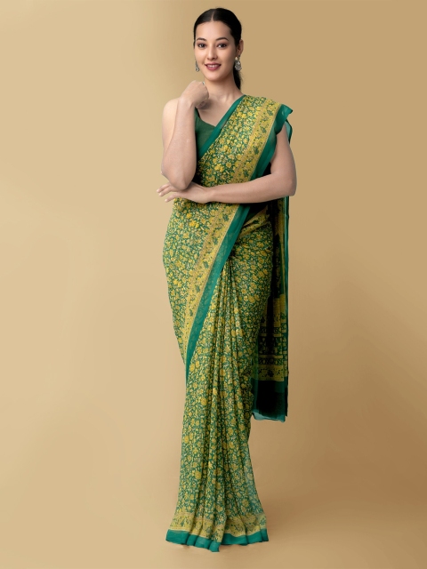 

Unnati Silks Green & Yellow Floral Printed Block Print Saree