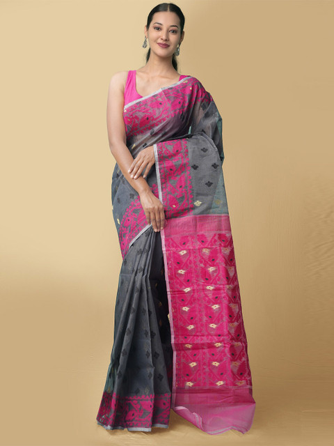 

Unnati Silks Grey & Pink Woven Design Pure Cotton Taant Saree