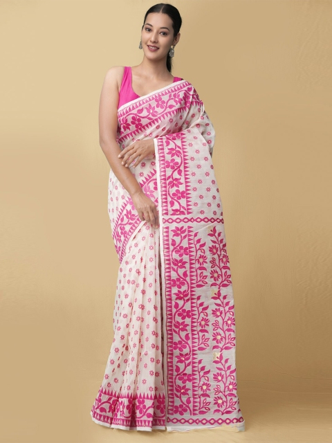 

Unnati Silks Cream-Coloured & Fuchsia Ethnic Motifs Pure Cotton Taant Saree