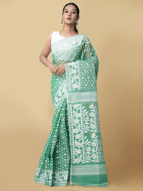 

Unnati Silks Women Green & White Pure Handloom Dhaka Jamdhani Bengal Tant Cotton Sustainable Saree