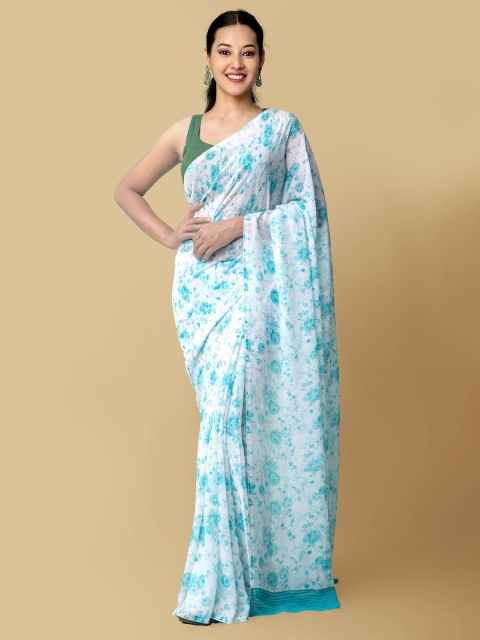 

Unnati Silks Cream-Coloured & Blue Floral Block Print Saree