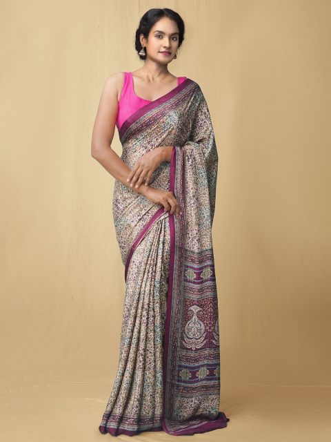 

Unnati Silks Brown & Purple Floral Art Silk Block Print Saree