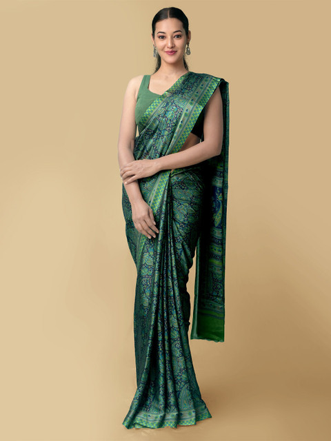 

Unnati Silks Blue & Green Floral Block Print Saree