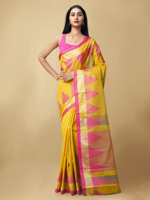 

Unnati Silks Yellow & Fuchsia Ethnic Motifs Zari Pure Cotton Taant Saree