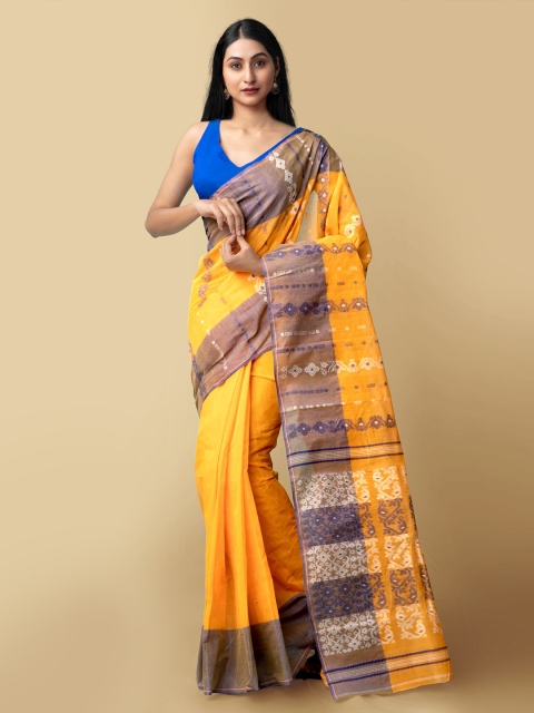 

Unnati Silks Women Orange & Blue Pure Handloom Dhaka Jamdhani Bengal Tant Cotton Sustainable Saree