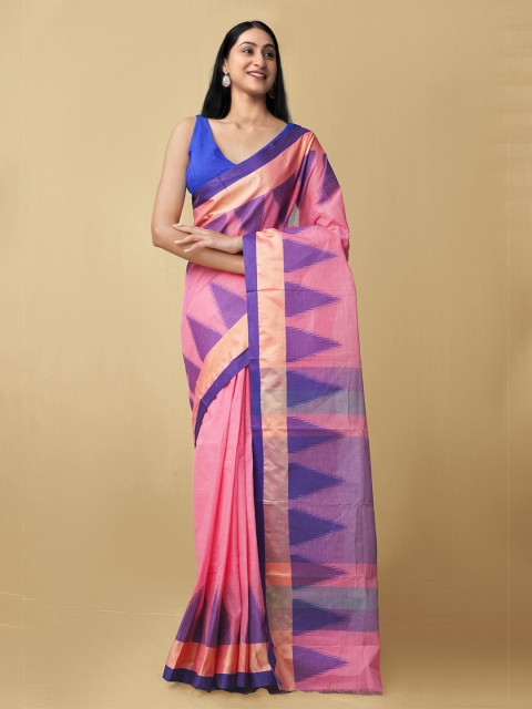 

Unnati Silks Women Pink & Blue Pure Handloom Dhaka Jamdhani Bengal Tant Cotton Sustainable Saree