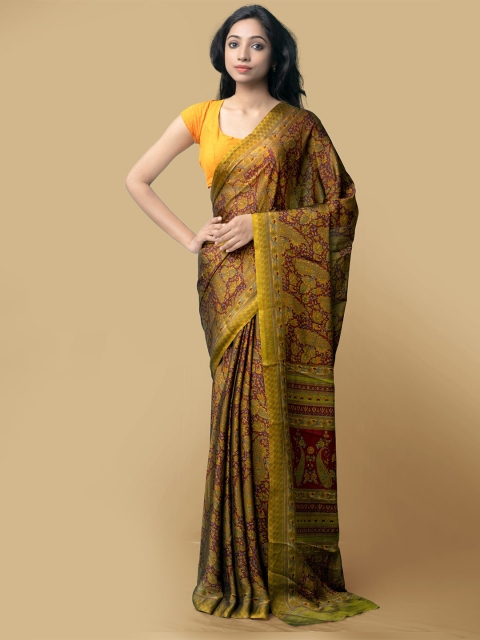 

Unnati Silks Maroon & Green Ethnic Motifs Block Print Saree