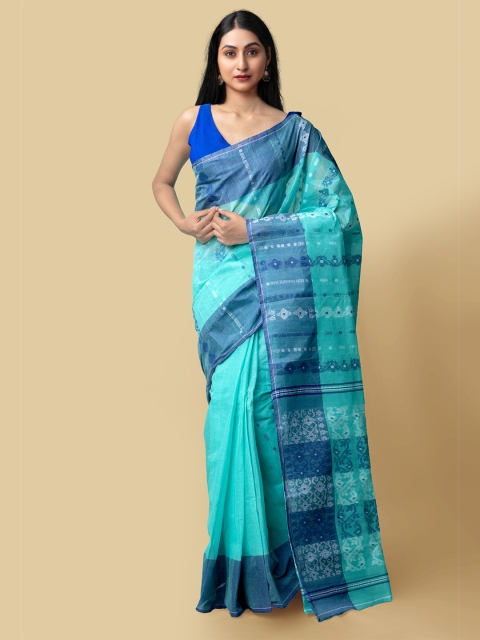 

Unnati Silks Women Blue & White Pure Handloom Dhaka Jamdhani Bengal Tant Cotton Sustainable Saree