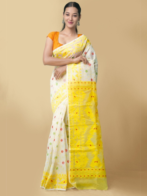 

Unnati Silks Women Cream-Coloured & Yellow Pure Handloom Dhaka Jamdhani Bengal Tant Cotton Sustainable Saree