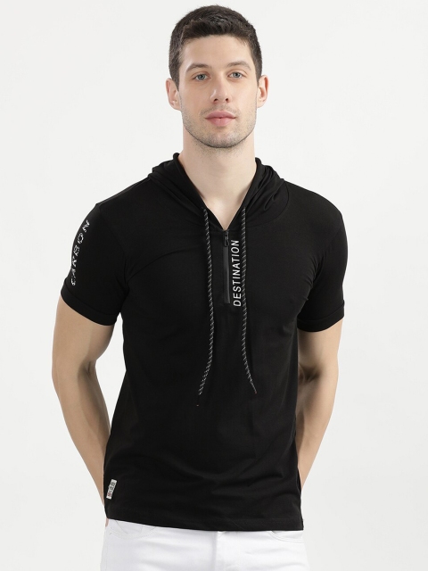 

V2 Value & Variety Men Black Cotton Hooded Monochrome T-shirt