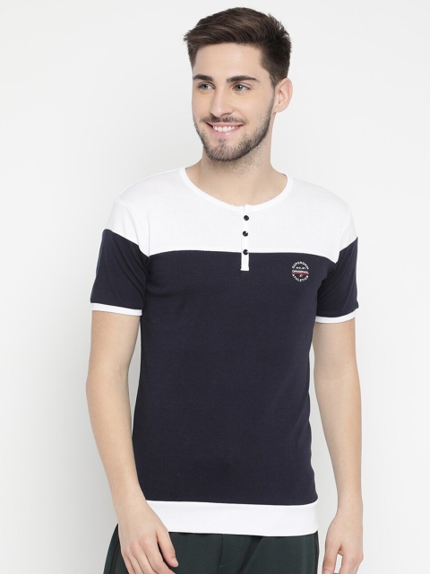 

V2 Value & Variety Men Navy Blue & White Colourblocked Henley Neck T-shirt