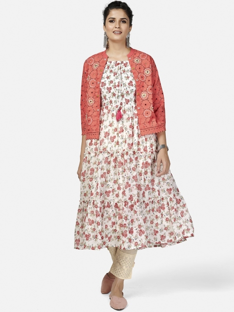 

Vbuyz Women White Floral Printed Cold-Shoulder Sleeves Thread Work Anarkali Kurta