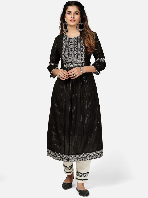 

Vbuyz Women Black Ethnic Motifs Embroidered Pleated Thread Work Pure Cotton Kurti with Trousers