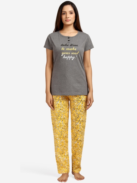 

July Nightwear Women Grey & Yellow Printed Pure Cotton Night suit