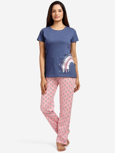 

July Nightwear Women Blue & Pink Printed Pure Cotton Night suit