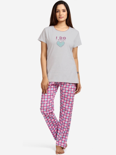 

July Nightwear July Nightwear Off-White& Purple Printed Night suit