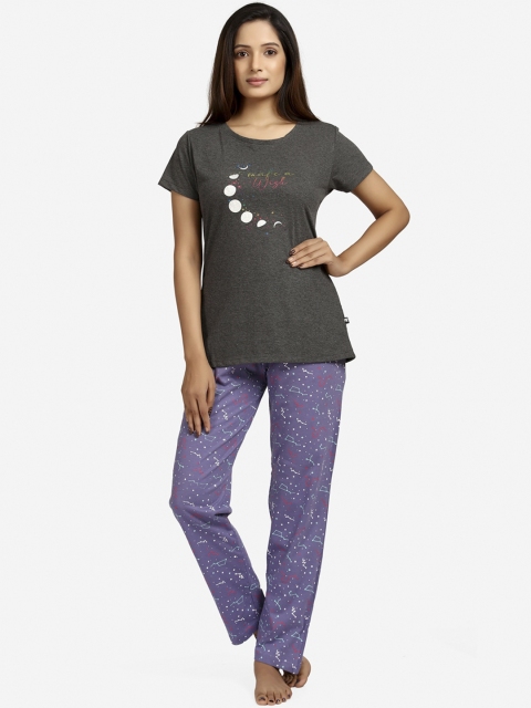 

July Nightwear Women Grey & Blue Printed Pure Cotton Night suit