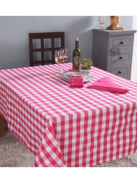 

Lushomes Set of of 7 Pink & White Checked Cotton Table Cover & 6 Napkins