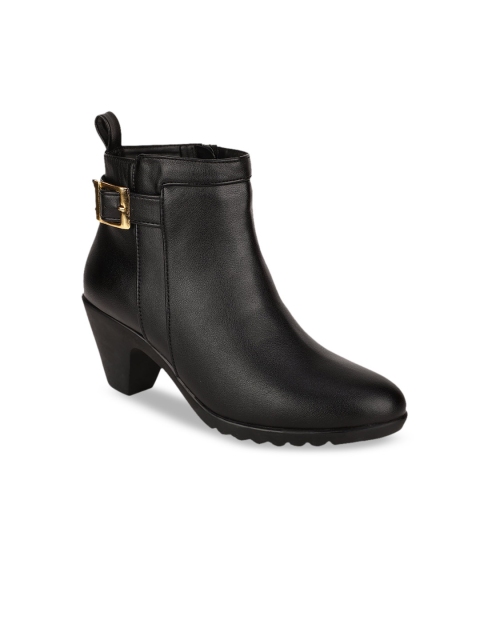 

Bruno Manetti Black Mid-Top Leather Block Heeled Boots with Buckles