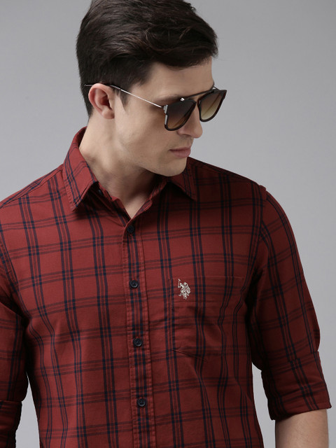 

U S Polo Assn Denim Co Men Maroon & Navy Blue Tailored Fit Tartan Checked Casual Shirt