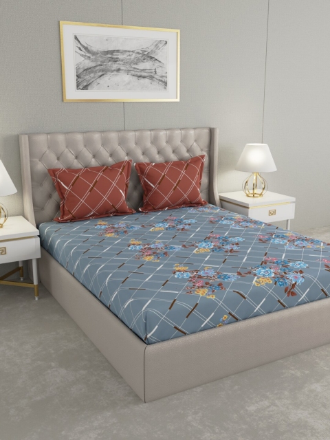 

Raymond Home Blue & Brown Floral 140 TC King Bedsheet with 2 Pillow Covers