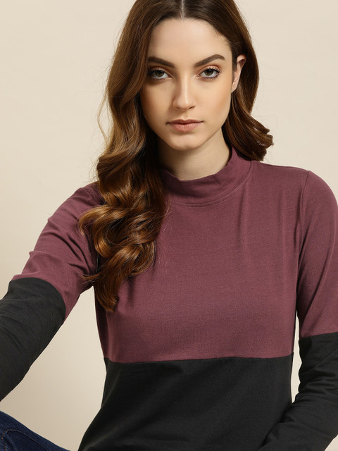 

ether Women Burgundy & Black Colourblocked High Neck Pure Cotton T-shirt