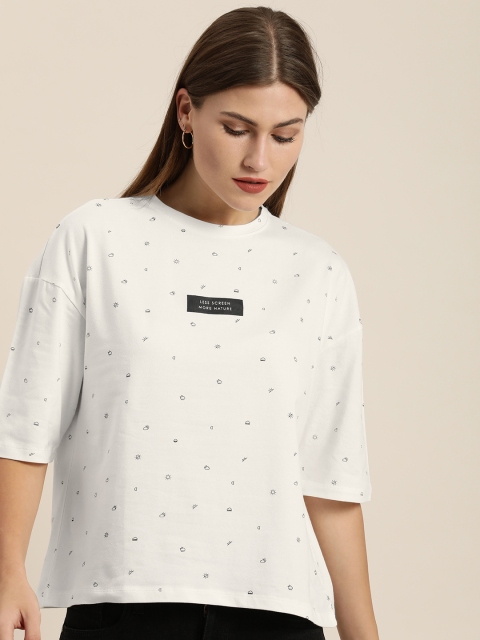 

ether Women White & Black Printed Extended Sleeves T-shirt