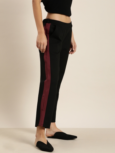 

ether Women Black Solid Mid-Rise Cropped Regular Trousers With Side Stripes