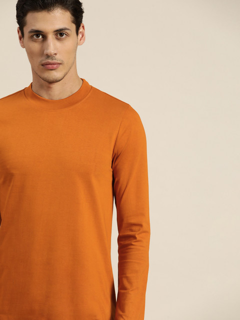 

ether Men Rust Orange Solid Pure Cotton Casual T-shirt