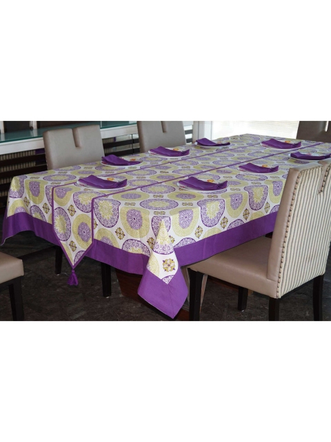 

Lushomes White & Purple Printed Cotton 8-Seater Dining Table Linen Set, Multi