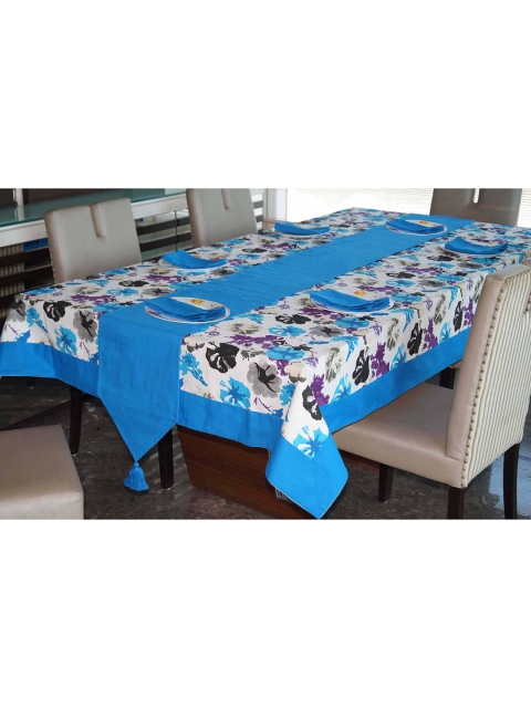 

Lushomes Set Of 8 White & Blue Floral Printed Cotton 6-Seater Table Cover, 1 Runner & 6 Napkins