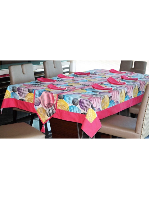 

Lushomes White & Pink Printed Cotton 8-Seater Dining Table Cloth With 8 Napkins & 1 Runner