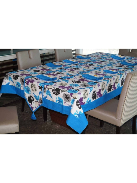 

Lushomes White & Blue Printed Cotton 8-Seater Dining Table Cloth With 8 Napkins & 1 Runner