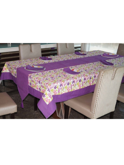 

Lushomes White & Purple Printed Cotton 6-Seater Dining Table Cloth With 6 Napkins & 1 Runner