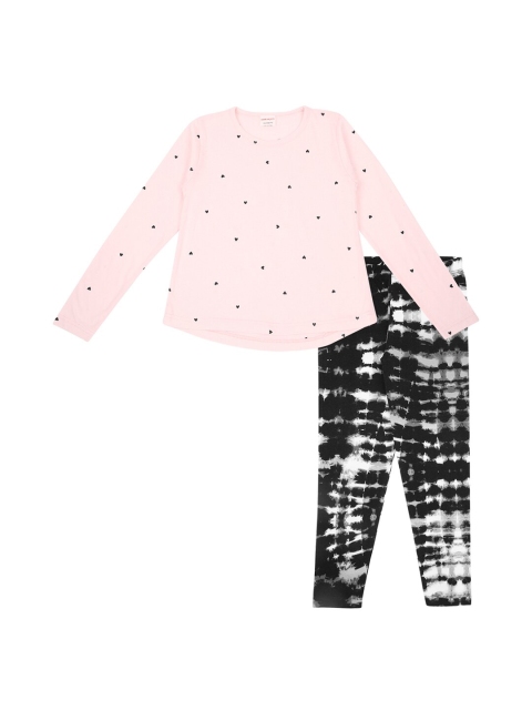 

RAINE AND JAINE Girls Pink & Black Printed Pure Cotton T-shirt with Pyjamas