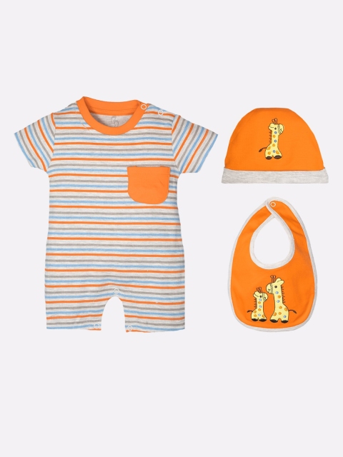 

BABY GO Kids Boys Combo of Multi colour Striped Romper with Bib and Cap