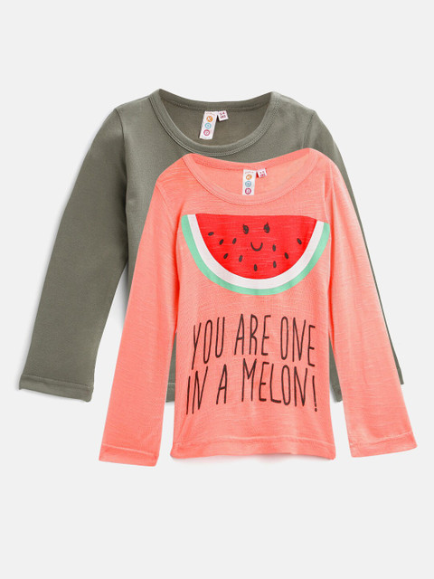 

Kids On Board Girls Olive Green & Peach-Coloured Pack Of 2 Printed Cotton T-shirt